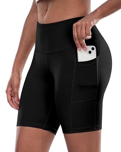 CHRLEISURE Womens Biker Yoga Shorts with Pocket, High Waisted Tummy Control 5 Inch Workout Spandex Athletic Gym Shorts - Image 1