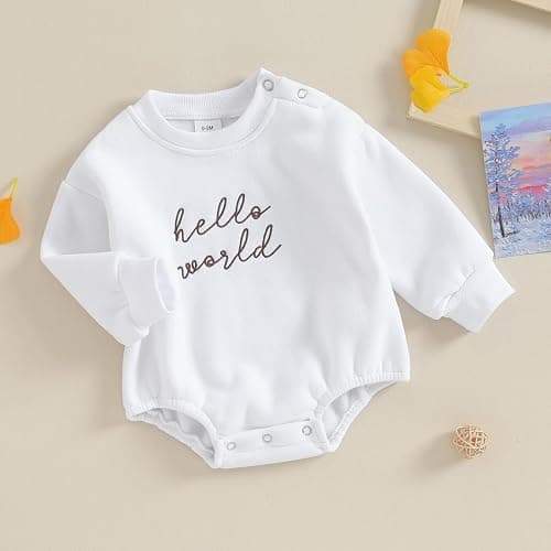 VISGOGO Newborn Infant Baby Boy Girls Oversized Romper Little Dude Sweater Onesie Coming Home Outfit Neutral Clothes - 0-3 Months - Hello World-white thumbnail 4