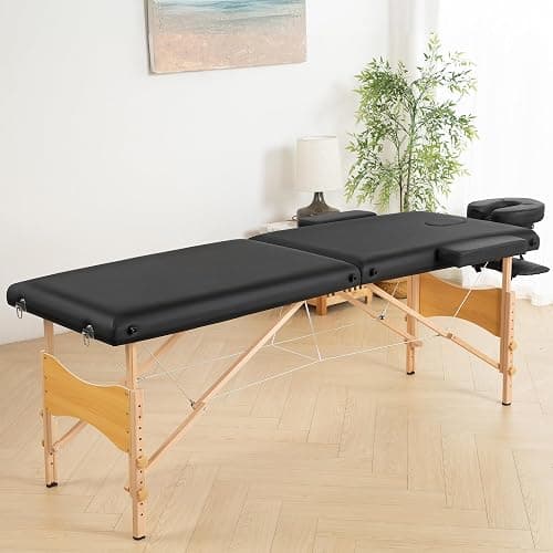 Brelley Massage Table Portable Wooden Lash Bed 24" Wide Adjustable Height 2-Fold Spa Table Foldable Tattoo Bed (Black) thumbnail 2
