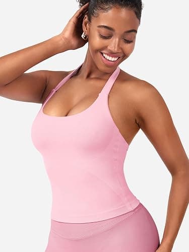 HIGORUN Halter Impact Tank Tops for Women Y2K Workout Longline Crop Tops with Built in Bras Open Back Going Out Gym Top thumbnail 3