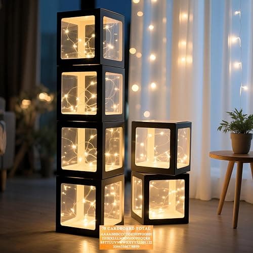 Ledido Transparent Balloon Boxes with 78 Letters Numbers Fairy Lights 6PCS | Black Clear Balloon Boxes with String Lights for Baby Shower Gender Reveal 2026 Hoco Party Birthday Anniversary Bridal Decor - Image 1