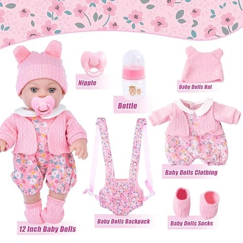 DOTVOSY 12" Baby Doll Set with Clothes and Baby Carrier for Dolls Reborn Baby Doll Accessories Include Feeding Bottles Nipple Toy Stuffs for Kids Age 3+ thumbnail 7
