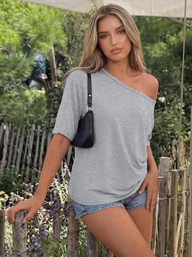 Trendy Queen Womens Off the Shoulder Tops Oversized Summer T-Shirts 2026 | Breathable comfort stretch fabric, short sleeve, basic oversized tees, casual workout gym, y2k going out clothes thumbnail 4