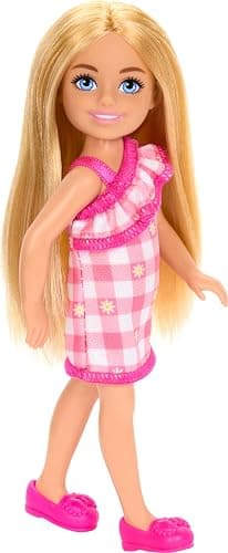 Barbie Chelsea Doll, Small Doll Wearing Removable Checked Dress & Pink Shoes with Blonde Hair & Blue Eyes thumbnail 4
