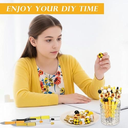 Geyee 12 Set Plastic Beadable Pens Assorted Bead Pens Crystal Wood Round Spacer Set Black Ink DIY Ballpoint for Women Men Gift Office Supplies(Sunflower) thumbnail 6