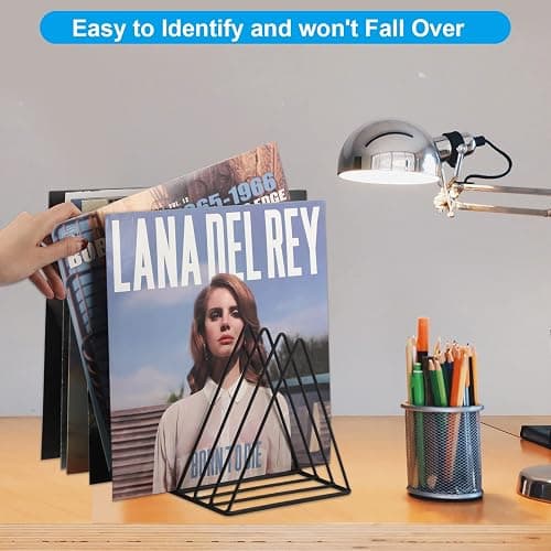 EASEPRES Vinyl Record Holder Storage, Black Metal Magazine Book Album Display Rack, Stylish Triangle Desktop File Sorter Organizer for Home Office thumbnail 6