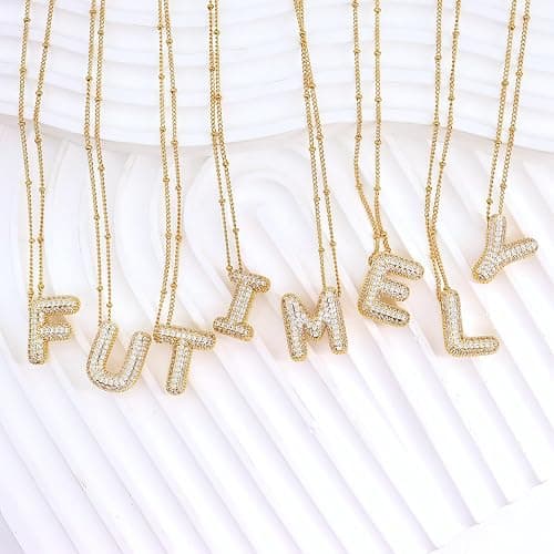 FUTIMELY Women's Gold Initial Necklace | Puffy Alphabet Pendant | Personalized Name Gifts | Trendy Balloon Chain With Zircon Crystals thumbnail 6