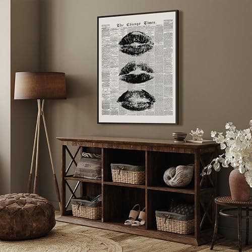 Trendy lips Wall Art Vintage Black And White Newspaper Kiss Posters Retro Canvas Prints Art Funky Girly preppy Apartment for y2k Room Decor Aesthetic 12x18inch black framed thumbnail 6