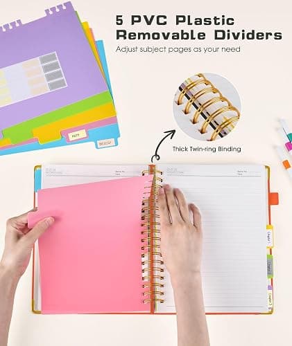 Hardcover Spiral Notebook Journal with Removable Dividers Tabs, 300 Pages Leather 5 Subject Notebook College Ruled, 8"x10" Large B5 Notebooks for Work School Note taking, Lined Journal for Women, Orange thumbnail 4