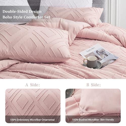 FROHAUL Boho Queen Comforter Set,Blush Pink Rhombus Tufted Queen Size Comforter Set with Corner Loops,3 Pieces Embroidery Shabby Chic Bedding Comforter Sets for All Seasons(Blush Pink,Queen) thumbnail 4