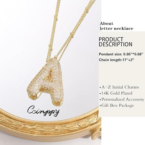 CCINPPY Letter Necklace, 14k Gold Plated Bubble Balloon Dainty Necklace for Women, Chunky Initial Charm Pendant Name Necklace Personalized thumbnail 5