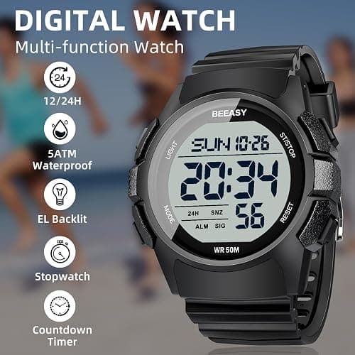 Beeasy Men Digital Sports Watch,Waterproof Watch with Stopwatch Countdown Timer Alarm Function Dual Time Rubber Strap Wrist Watch for Men/Student thumbnail 3