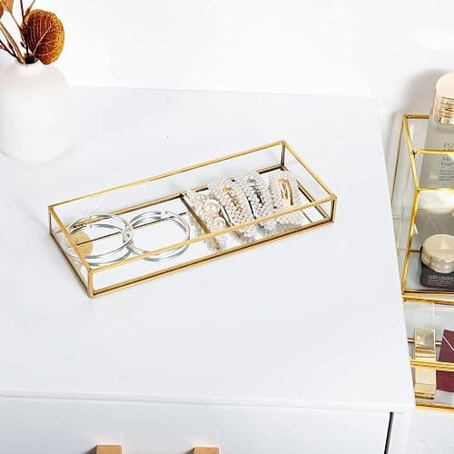 Feyarl Gold Clear Glass Vanity Tray Jewelry Trinket Rings Earrings Organizer Perfume Collection Display Decorative Tray Anti-Mirror Surface for Dressr Room Drawer Office Tabletop (9.84 x 3.93inch) thumbnail 6