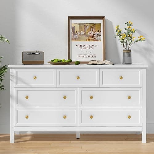 CARPETNAL White Dresser for Bedroom, 7 Drawer Dresser with Wide Drawers and Gold Metal Handles, 55" White and Gold Dressers TV Stand, Modern Dressers & Chests of Drawers for Hallyway, Entryway thumbnail 7