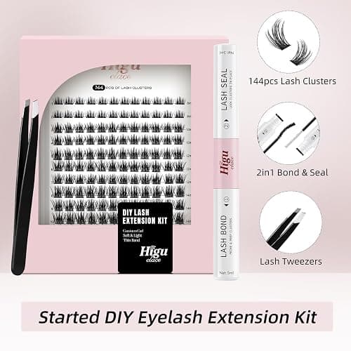 Higu clace Lash Clusters Kit,144pcs D Curl Wispy Lash Clusters,8-16mm Lash Extension Kit,with Lash Bond and Seal, Eyelash Tweezers(R-08) thumbnail 2