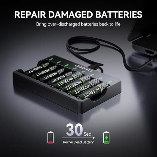 Smart 8 Bay AA AAA Battery Charger, Over-Discharge Damage Repair, USB Type-C Fast Charging for Ni-MH Ni-CD Rechargeable Batteries thumbnail 5