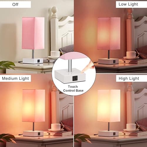 Ambimall Touch Control Table Lamp with 2 USB Charging Ports, 3 Way Touch Lamps Beside Desk, Nightstand Lamp for Bedrooms Living Room, Pink Shade with White Base, LED Bulb Included(Pink) thumbnail 4