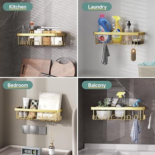 Veken Adhesive Shower Caddy 6-Pack,Gifts for Women Mom,Heavy Weight Bearing,Large Wall Mounted Bathroom Shelves Rack,Organizer Storage Accessories with Soap Dish&Toothbrush Holder,Bright Gold thumbnail 6