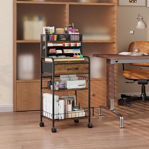 Homsorout Art cart, 3 Tier Rolling Cart - Utility Cart with Storage Drawer and Wheels, Versatile Art & Craft Organizer for Home, Office, or Studio Ideal for Storing Brushes, Paints （Brown） thumbnail 5