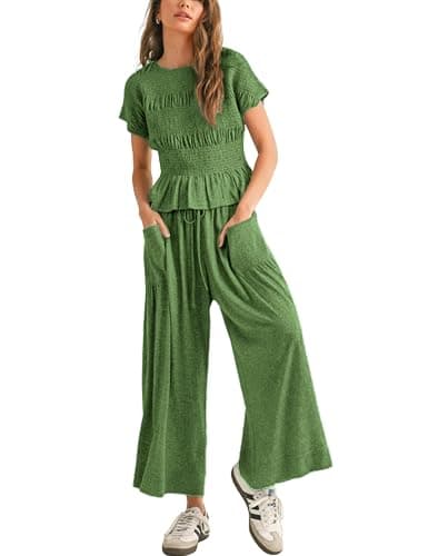 Antnation Womens 2 Piece Smocked Top Wide-Leg Pants Set High-Waisted Lounge Outfit with Pockets Casual Boho Matching Set - Image 1