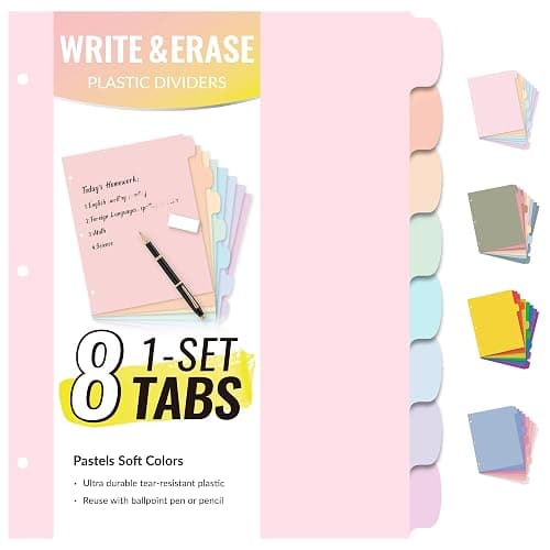 Sooez 8 Tabs Long-Lasting Plastic Write & Erase Large Tabs Dividers for 3 Ring Binder, Aesthetic Cute Pastels Binder Dividers for Student, Teacher, Office, Home Organizers, 1 Set, Pastels Color - Image 1