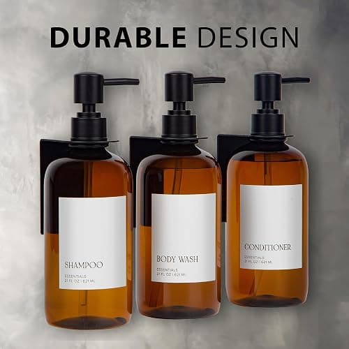 Stylish Shampoo & Conditioner Dispenser Set of 3 - Wall Mount, Drill Free | Modern 21oz Shower Soap Bottles with Labels - Easy Refill Body Wash Dispensers for an Instant Bathroom Decor Upgrade thumbnail 9