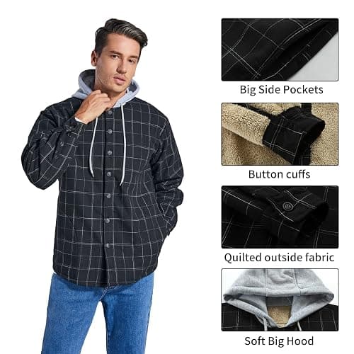 Derbars Men's Cotton Plaid Shirts Jacket Fleece Lined Flannel Shirts Sherpa Button Down Jackets with Hood for Men thumbnail 7