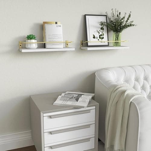 RICHER HOUSE Bathroom Shelves, Small Floating Wall Shelf for Bathroom Decor, Wall Mounted Wood Shelves, Bathroom Organizer Over Toilet Storage, Guard-Rail Kitchen Shelves Set of 2 - White Gold thumbnail 6