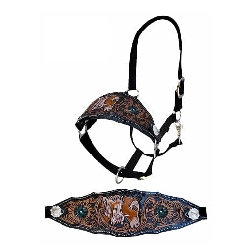 Majestic Ally Equestrian Designer Bronc Halter for Horses, Hand-Tooled Leather Nose, Padded Nylon Crown and Noseband thumbnail 6