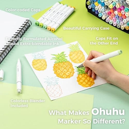 Ohuhu Alcohol Markers Brush Tip: Brush & Fine 168-Color Double Tipped Alcohol-based Art Marker Set for Artist Adults Coloring Illustrations -Honolulu B thumbnail 8
