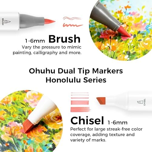 Ohuhu Alcohol Brush Markers 48 Mid-tone Colors - AP Certificated Double Tipped Alcohol Based Art Marker Set for Artist Adults Coloring Illustration - Honolulu Brush & Chisel Dual Tips - Refillable thumbnail 2