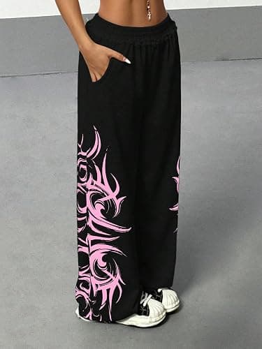 ZAFUL Womens Wide Leg Sweatpants Y2K Gothic Graffiti High Waisted Lounge Pants Athletic Joggers Pants with Pockets thumbnail 6