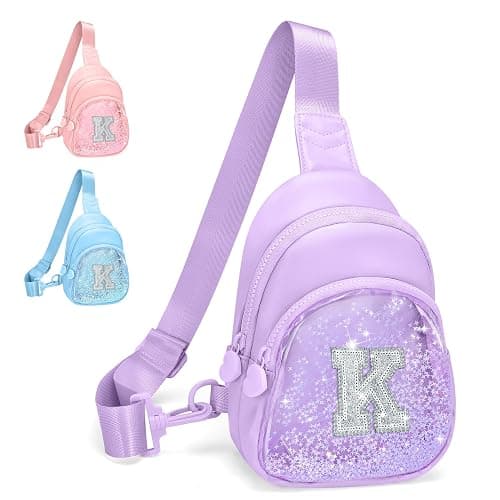 Bomvabe Glitter Initial Sling Bag for Tween Girls with Adjustable Strap 24"-41", Birthday Gift Trendy Stuff for 6-14 Years Old Girls, Personalized Crossbody Bag for Kids, Purple with Letter K - Image 1