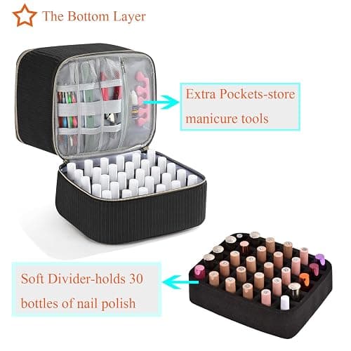 Corduroy Nail Polish Organizer and Nail Lamp Case, Nail Kit Organizer Holds 30 Bottles (15ml - 0.5 fl.oz) and a Nail Lamp, Nail Polish Carrying Case with Manicure Tools Storage Sections (Black) thumbnail 5