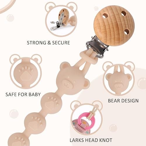 EARLY MINDS 3er-Pack Schnullerketten Aus Silikon, Einteiliges Design Schnullerkette für Baby, Schnullerkette Silikon für Mädchen & Jungen, BPA-frei, Elastisch und Robust (Creme Sand Hellgrau) thumbnail 3