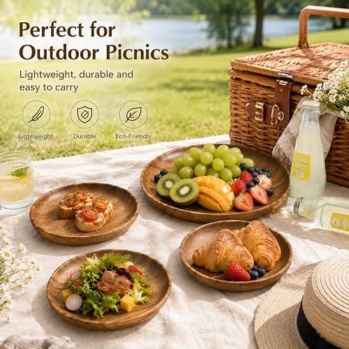 MinBoo Wooden Acacia Plates set of 3, 9-6Inch Wood Acacia Serving Trays, Farmhouse Kitchen Plates, Reusable Wooden Dishware for Dining, Appetizers, Snacks, Parties (oval) thumbnail 6