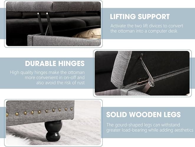 UTOASIS 35.5" Large Square Ottoman with Storage, Tufted Upholstered Storage Ottoman with Lift Top & Solid Legs for Bedroom Room, Extra Large Coffee Tables Bench for Living Room as Footstool (Grey) thumbnail 4