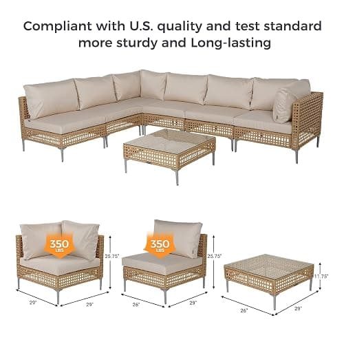 Grand patio 7-Piece Wicker Patio Furniture Set, Boho Outdoor Conversation Set Sectional Sofa with Water Resistant Thick Cushions and Coffee Table, Cream thumbnail 3