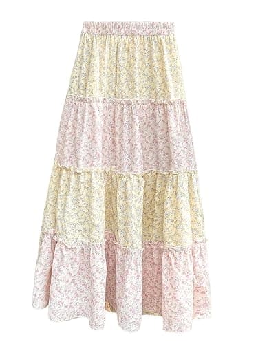 MakeMeChic Women's Floral Plaid Maxi Skirts Ruffle Layer Flowy Long Skirts | A Line, Casual Floral Maxi Skirt - Image 1