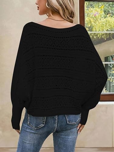 Cakulo Womens Off Shoulder Sweater Top Fall Outfits Fashion 2025 Oversized Knit Batwing Long Sleeve Crochet Flower Sweaters thumbnail 4