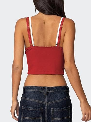 Women Lace Trim Camisole Tops Spaghetti Strap Tank Top Ribbed Knit Slim Fit Cami Shirt Bralettes thumbnail 4