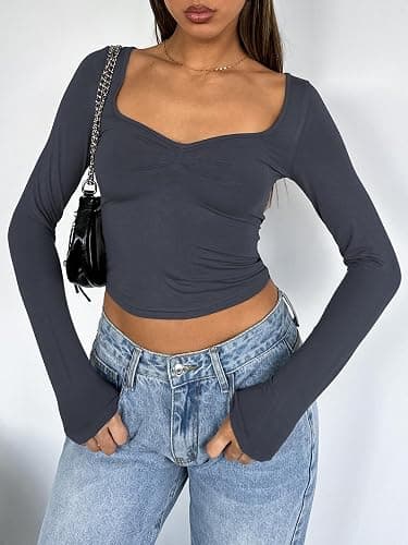 TiulZial Women's Long Sleeve Going Out Crop Top Sexy Pleated Trendy Shirt Sweetheart Neck Y2K Ruched Cropped Tops - Medium - Dark Grey thumbnail 5