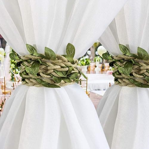 Valea Home Curtain Tiebacks Ropes Natural Burlap Rope Holdbacks with Artificial Vines Fake Foliage Ivy Leaf for Rustic Wedding Party Home Decorative Curtain Holders, Set of 4 thumbnail 2
