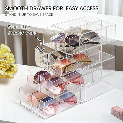 chunhai 2 Pack Sunglasses Organizer, Acrylic Eyeglass Case Clear Eyeglass Holder Eyewear Display Case with 4 Drawers for Women and Men, Jewelry Watch Storage thumbnail 4
