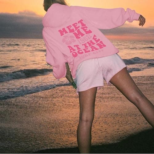 Lubpow Cute Pink Flower Hoodie for Woman Preppy Sweatshirts Trendy Puff Print Letter Graphic Hoodies Casual Pullover Tops thumbnail 5