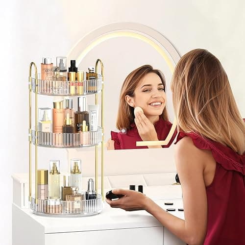 MOKANI 360 Rotating Makeup Organiser, 3 Tiers Spinning Skincare Organiser, Multi-Function Make Up Storage, Large Capacity Cosmetic Perfume Stand for Vanity, Bathroom and Bedroom - Transparent thumbnail 7