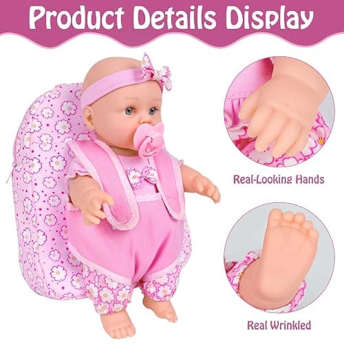 UZIDBTO 12 Inch Baby Dolls with Backpack Carrier Can Store Doll Clothes and Accessories,12" Reborn Baby Doll Set in Gift Box with Feeding Bottle Nipple Diaper for Kids Toddler Age 3+ thumbnail 5