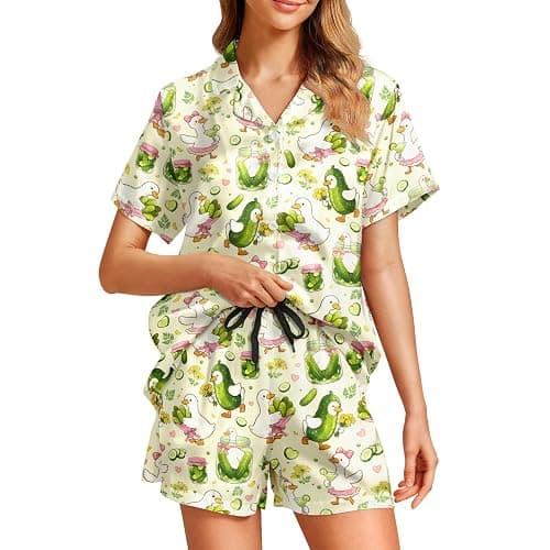 WELLINZER Satin Silk Pajamas for Women 2Pcs Collar Sleepwear Button Down Short Sleeve Shorts Pjs Set Loungewear - Image 1