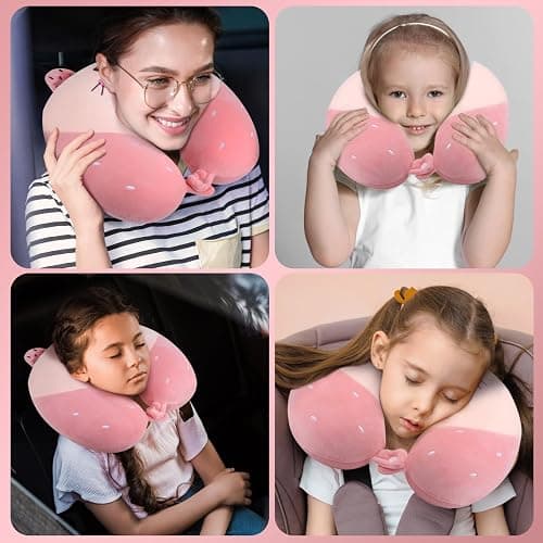 Fentar Neck Pillow for Travel, Memory Foam Kids Travel Pillow, Removable Travel Neck Pillow with Zips, Cute Cartoon Plane Pillow, Comfortable Adult Kids Travel Pillow for Airplane Camping Car Sleeping - Pink thumbnail 5