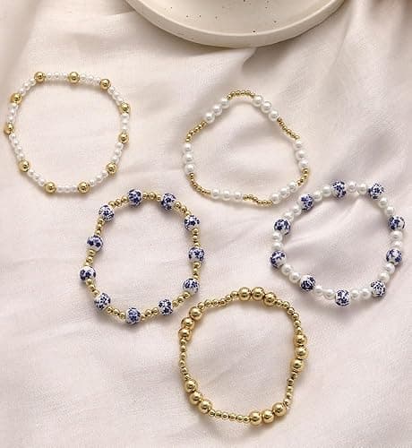 Gold Beaded Bracelets for Women, 14K Real Gold Plated Jewelry for Women Dainty Pearl Bead Bracelets Stack, Non Tarnish Trendy Stackable Ball Cross Stretch Bracelet Set Fashion Accessories Gifts thumbnail 9